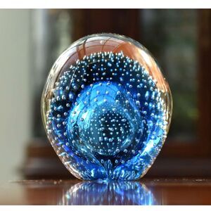 Vintage Blue Controlled Bubble Art Glass Paperweight 3" Unmarked 1960s-80s